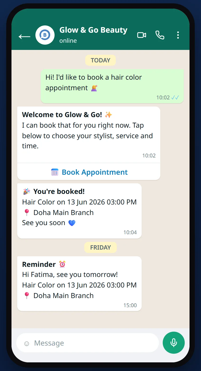WhatsApp chat: the customer asks to book, the business replies with a Book Appointment button, then a booking confirmation and a reminder arrive
