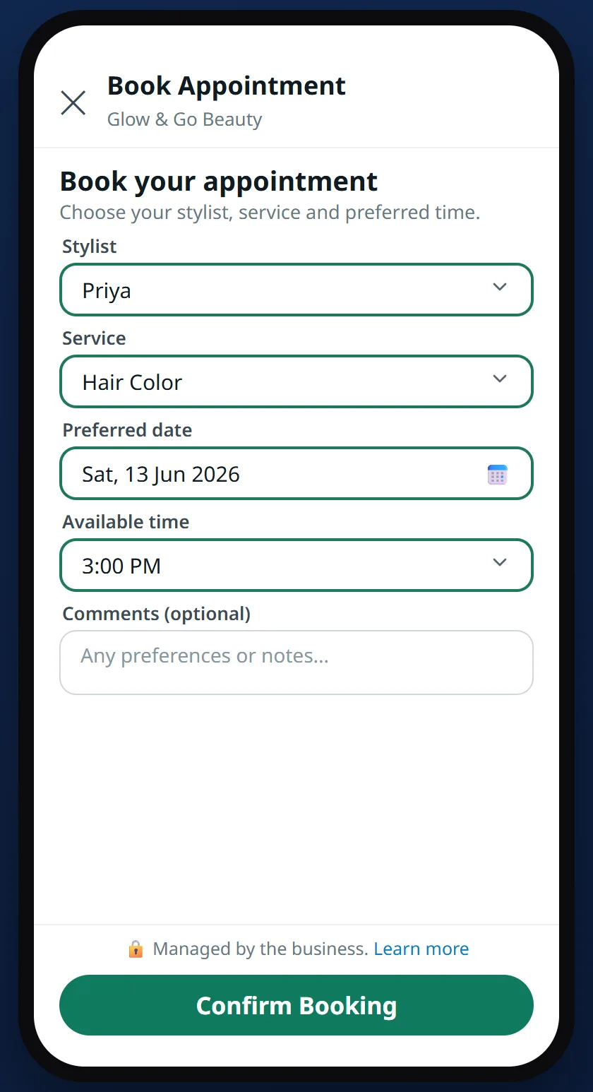 WhatsApp booking form with stylist, service, preferred date, available time and comments