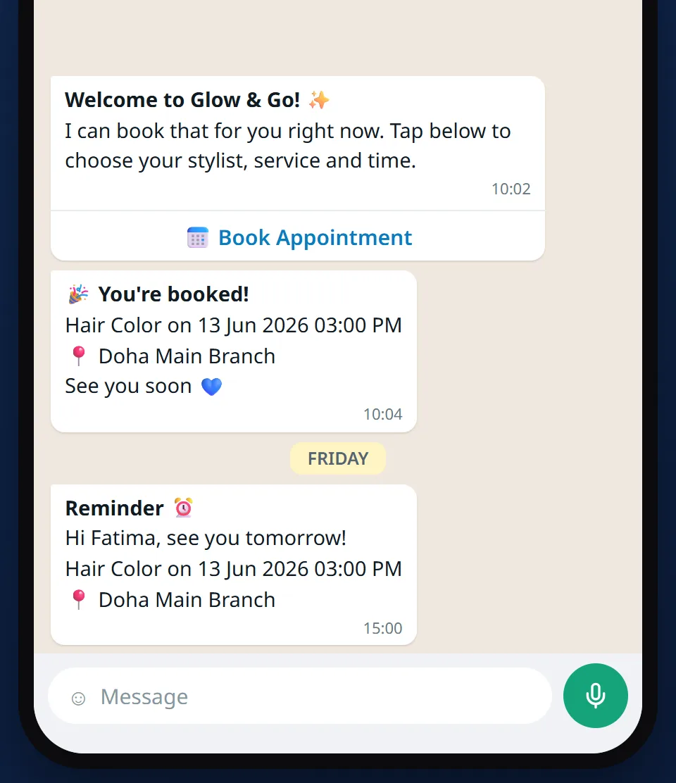 Booking confirmation message followed by an appointment reminder the day before